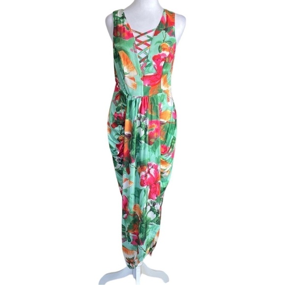 Venus Green and Red Floral Tea Party Stretch Sleeveless Midi Dress size S - Picture 1 of 9